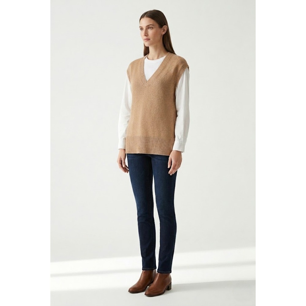 Ann Taylor Mixed Media Ruffle Mock Neck 2-in-1 Sweater Vest Tan White Women M